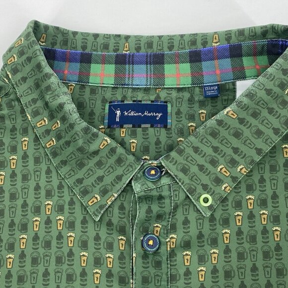 William Murray Mens Size XXL Green Golf Polo Beer Mug Print Performance Stretch - Picture 8 of 16